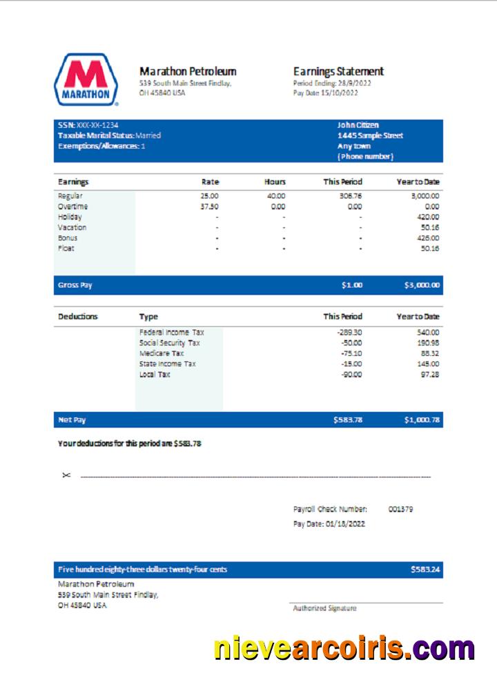 USA Marathon Petroleum company pay stub